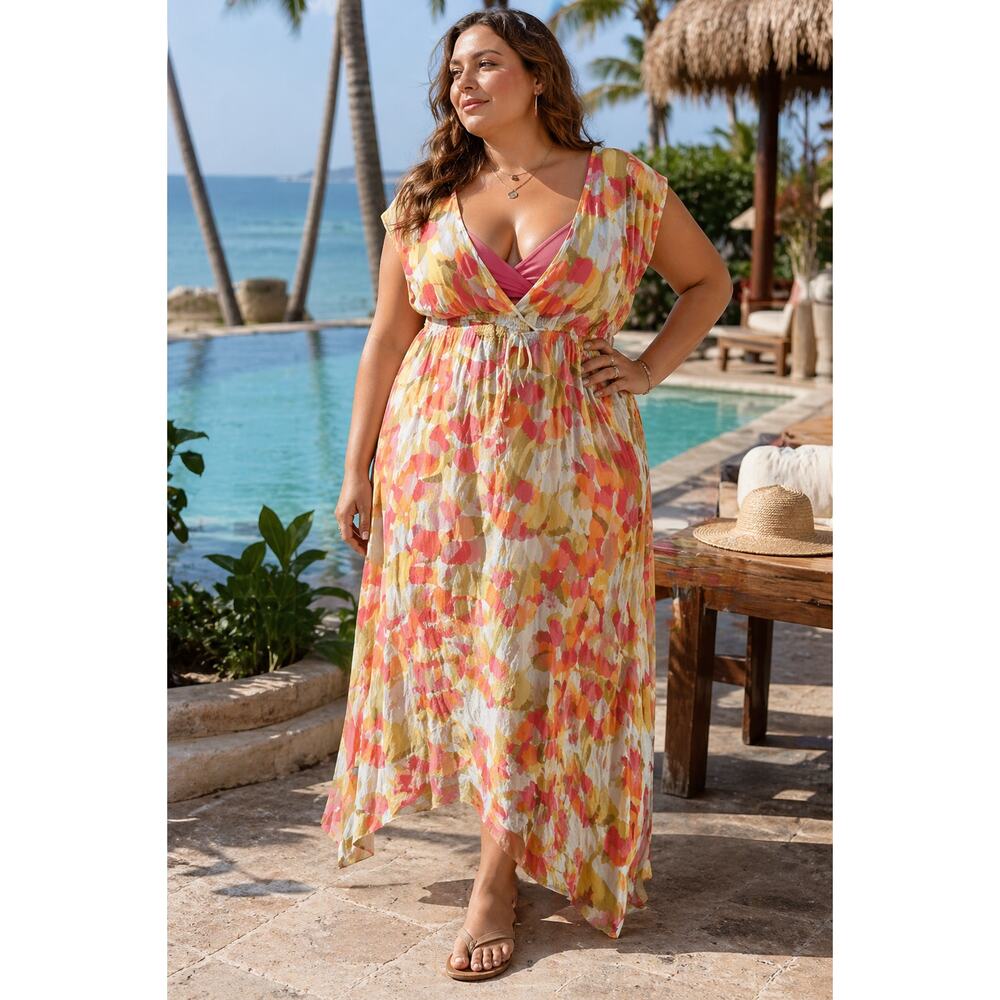 Plus Size Boho Maxi Dress 3X Beach Cover Up Deep V Elastic Waist Resort Colorful